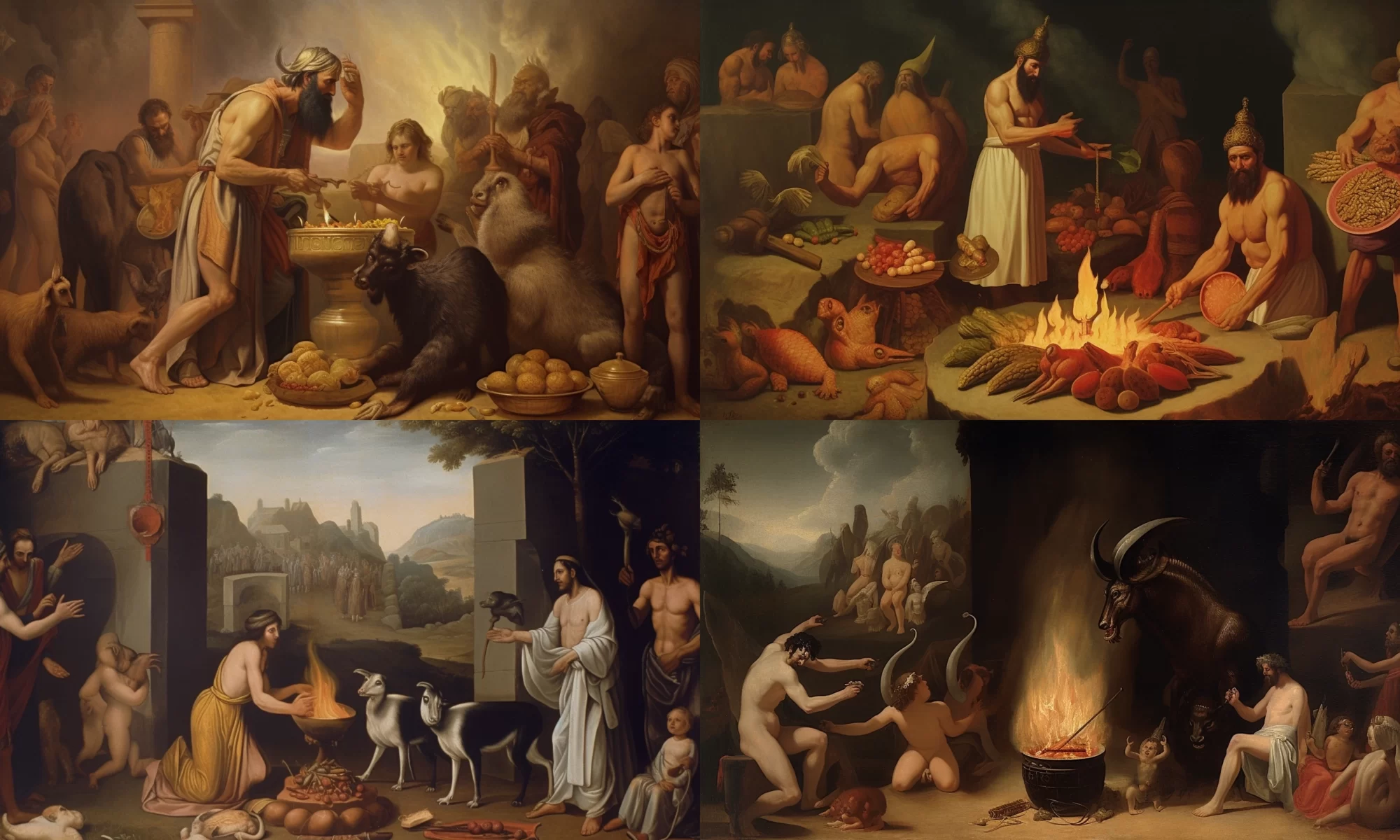 classical painting depicting people offering small sacrifices to Moloch, like fruits, grains, and livestock, to seek his favor and blessings and the sacrifices growing, and making Moloch too powerful